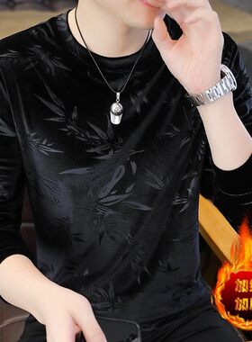 品质冬季男士金丝绒加绒加厚卫衣休闲打底衫中青年宽松长袖t恤上