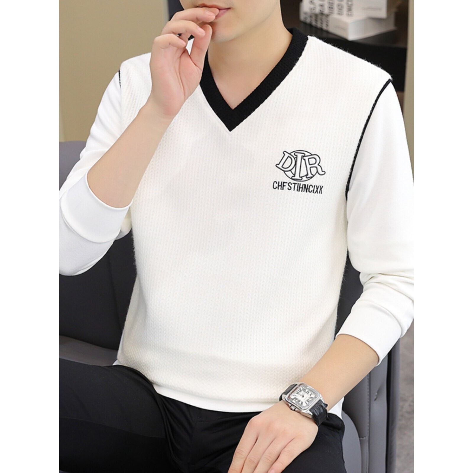 V领春秋款男士卫衣潮流休闲宽松长袖t恤鸡心领男款内搭上衣打底衫