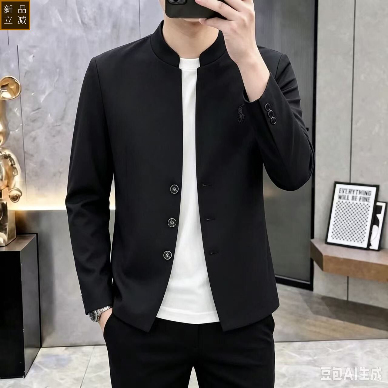 品质立领小西装男士休闲青年修身韩版潮流痞帅西服上衣秋季中山装