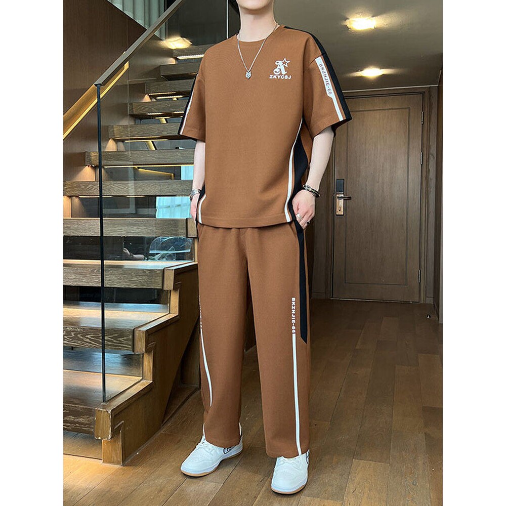 休闲运动套装男士夏季潮牌帅气高端薄短袖t恤搭配直筒长裤一整套