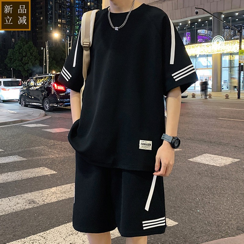 休闲运动套装男夏季短袖t恤男黑色半袖男体恤青少年一套帅气搭配T