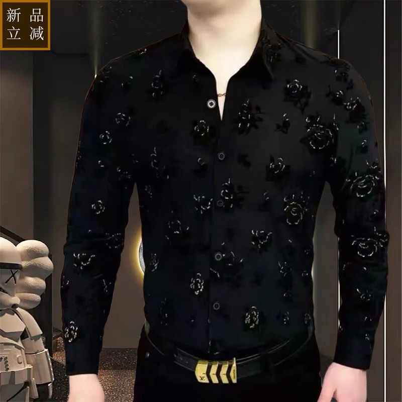 品质2025春季休闲衬衫男黑金玫瑰长袖轻奢时尚潮流修身商务帅气高