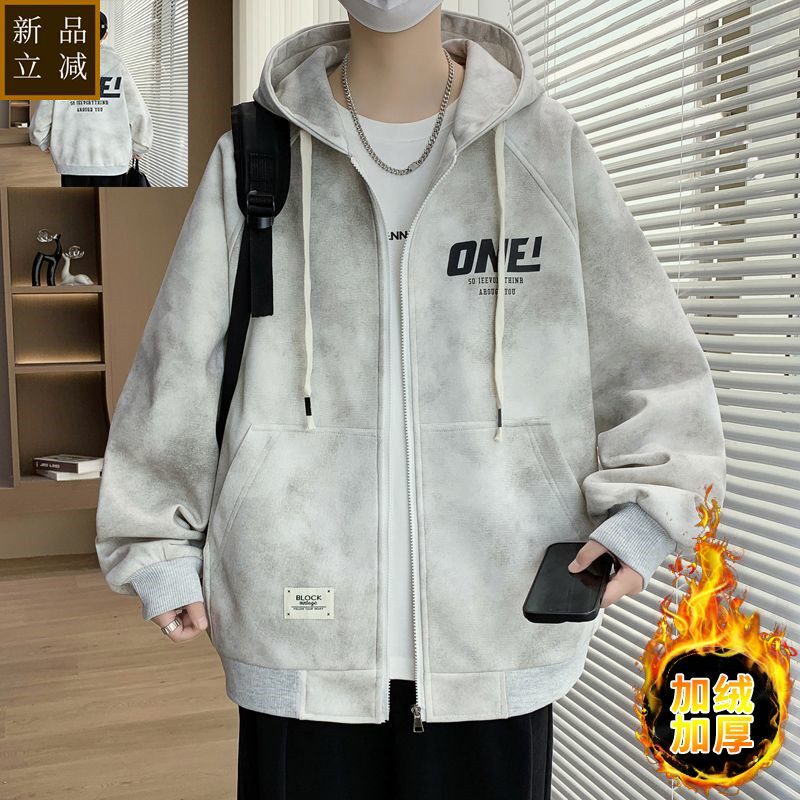 秋冬款连帽棒球服男初中学生潮流加绒加厚夹克青少年帅气保暖外套
