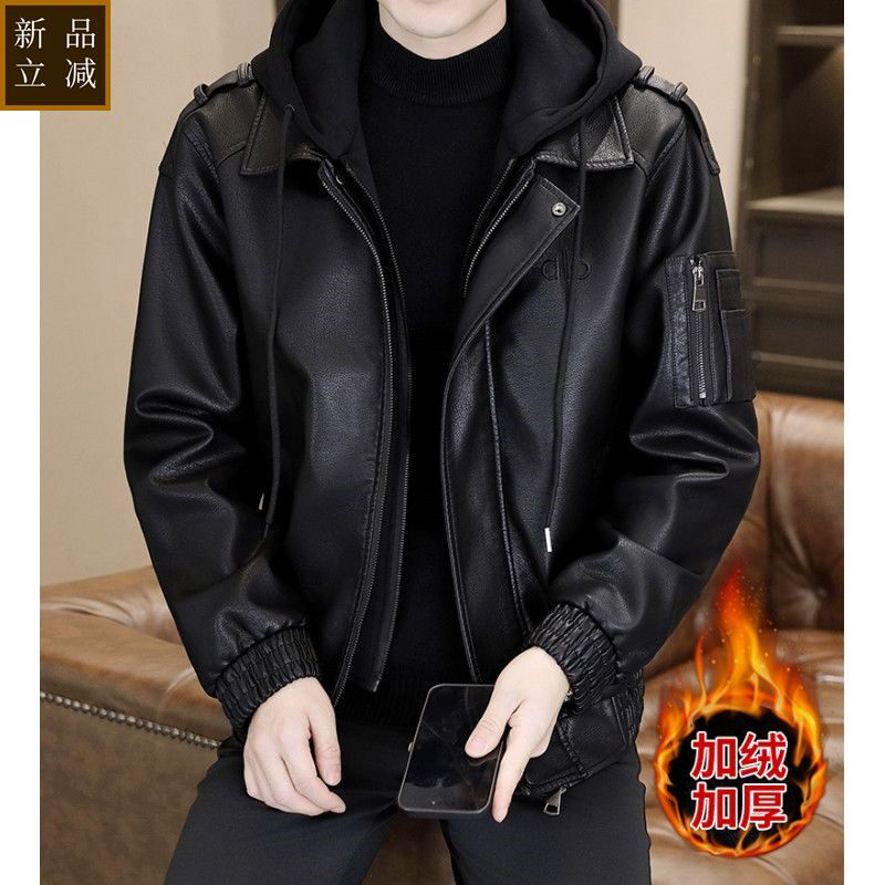 品质秋冬季连帽皮衣男士加绒帅气PU皮夹克潮流爆款高档青年男装皮