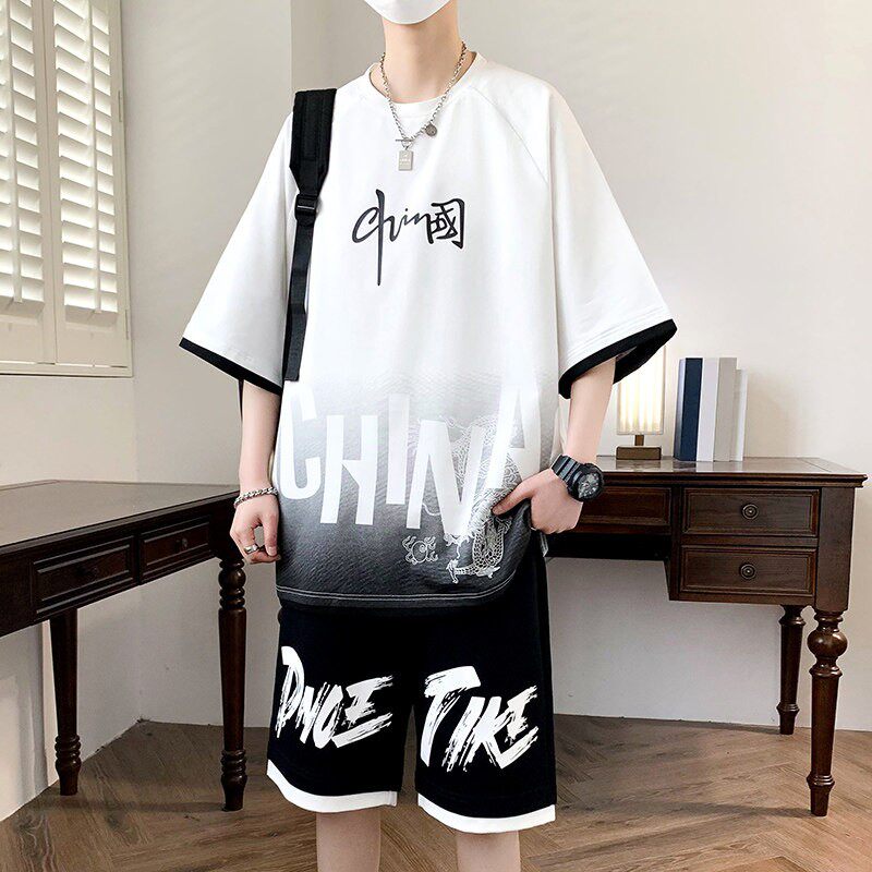 男孩初中学生纯棉衣服胖大童夏季运动套装青少年短袖t恤2026新款