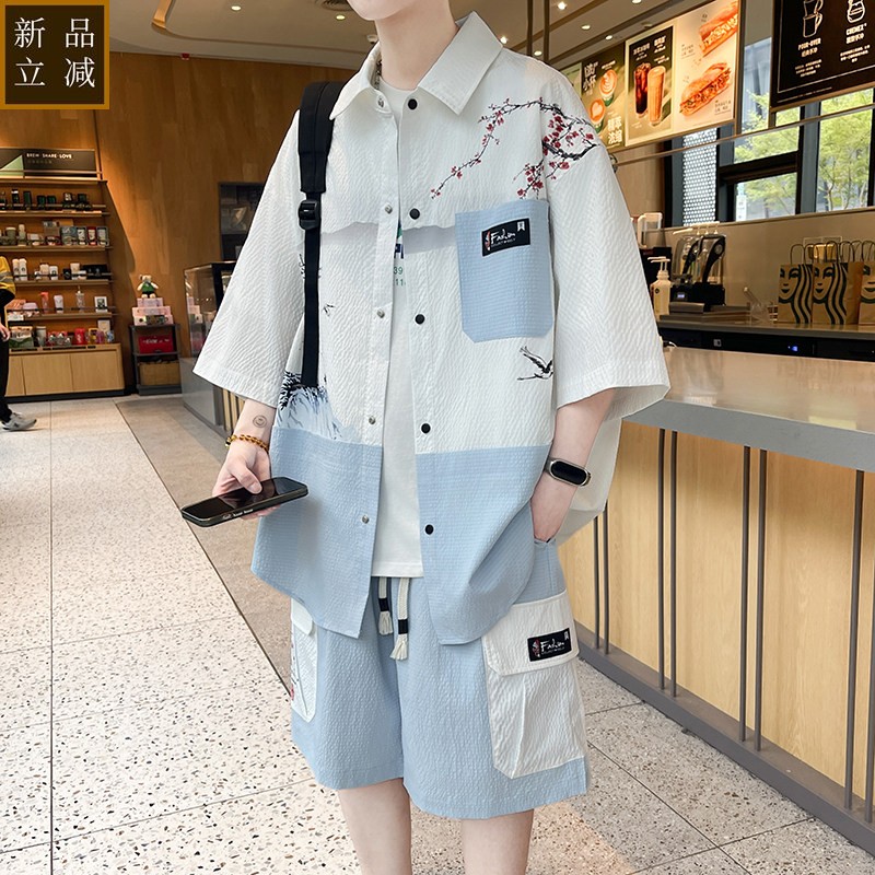 新中式衬衫男套装夏季泡泡纱五分袖衬衣男拼色短袖短裤休闲两件套