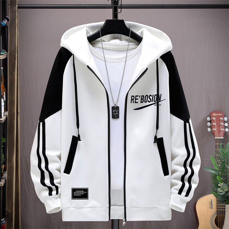 外套男青少年春秋新款连帽夹克初中高中学生薄款防风拼色开衫卫衣