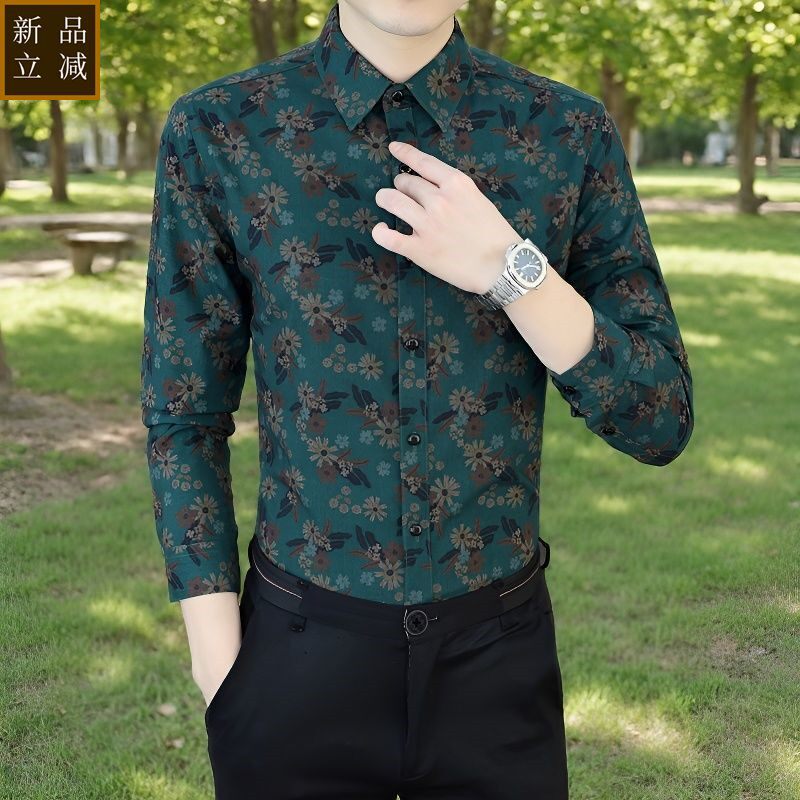 品质男士长袖衬衫春秋新款时尚潮流修身高档商务印花青年衬衣寸衫