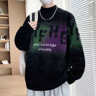 仿水貂绒毛衣男冬季加绒加厚保暖打底青少年初高中学生大童针织衫