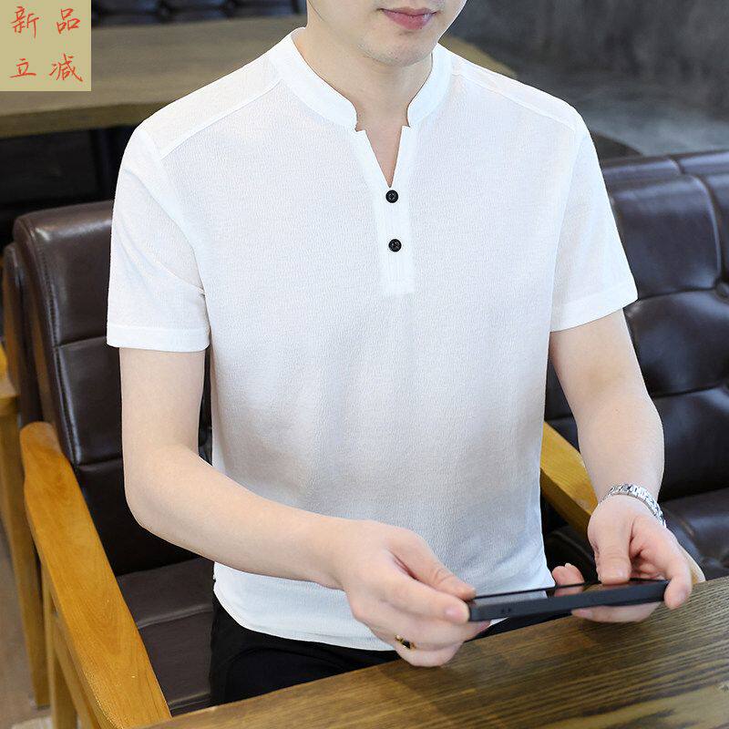 冰丝短袖t恤男士夏季2026新款韩版修身潮流休闲V领半袖POLO衫男款