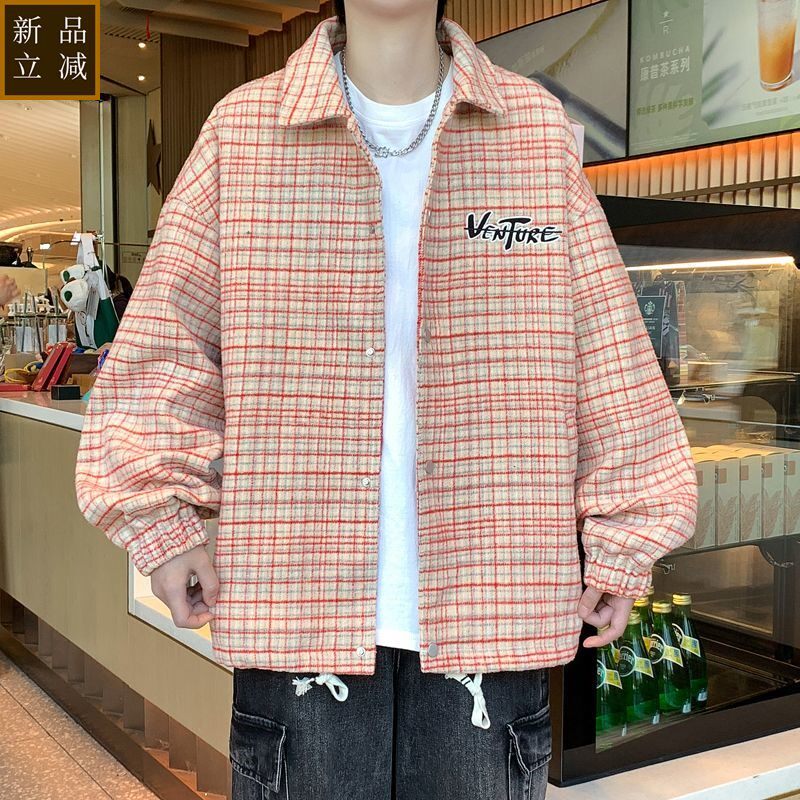 品质格子冬季加绒加厚休闲青少年时尚百搭潮流毛呢格子外套JR3065