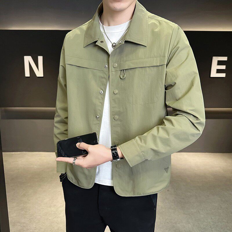 春装衬衣式外套男薄款2026新款简约百搭高端翻领夹克春秋工装上衣