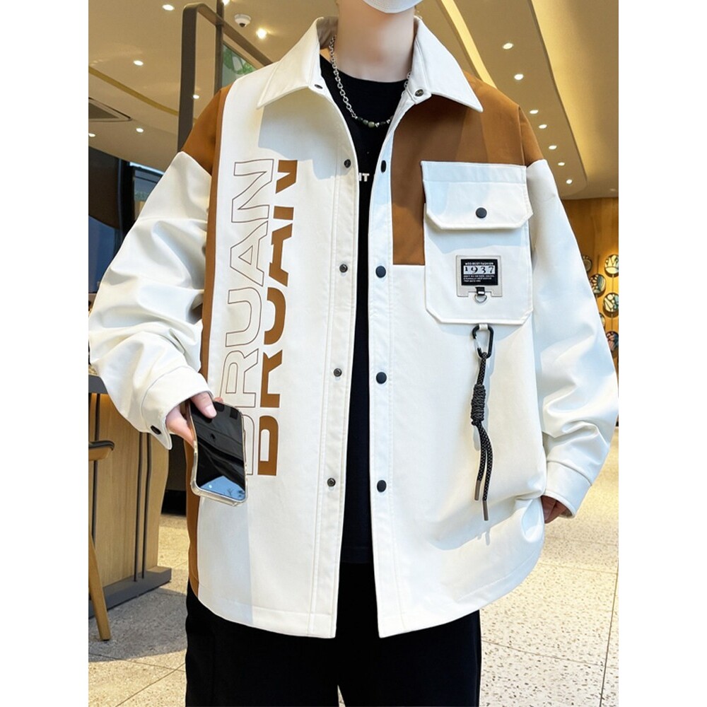 衬衫外套男款春夏季宽松拼接翻领衣服男装青少年潮牌休闲工装夹克