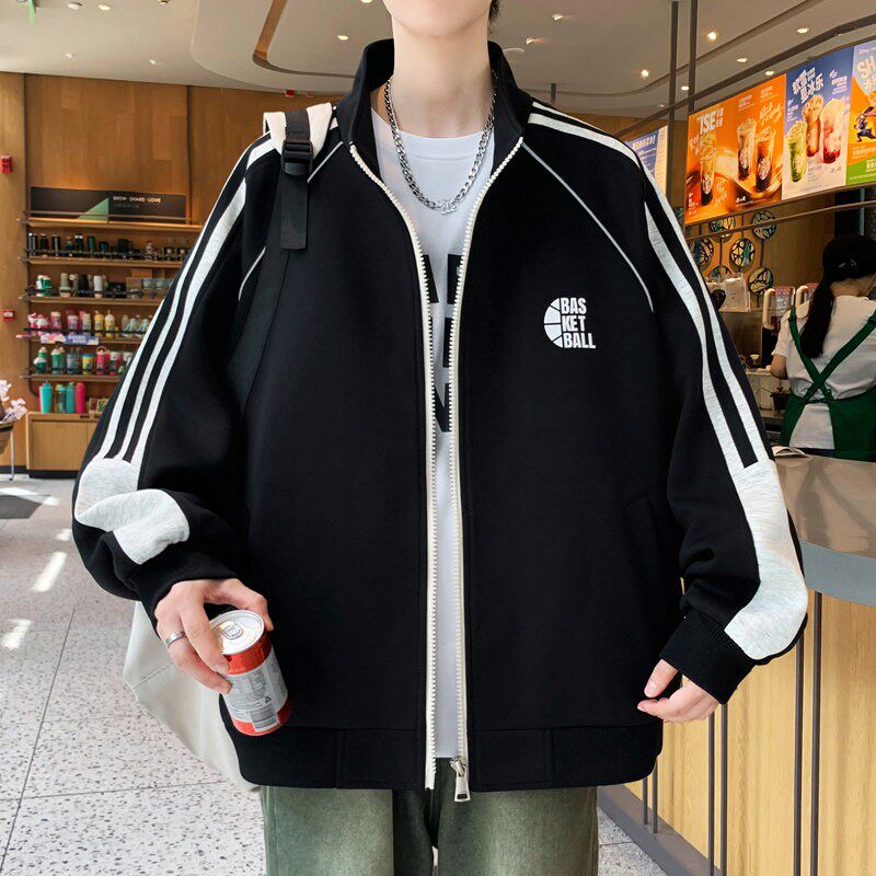 青少年运动风休闲夹克男撞色条纹上衣服立领开衫卫衣外套男春秋季