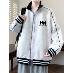 灰色开衫卫衣男士春秋季宽松休闲夹克青少年学生潮流春装男款外套