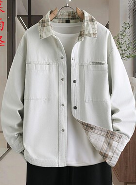蓝色个性拼色青少年学生2026春季新品外套格子长袖牛仔衬衫夹克男