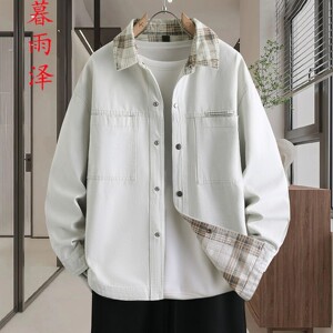 蓝色个性拼色青少年学生2026春季新品外套格子长袖牛仔衬衫夹克男