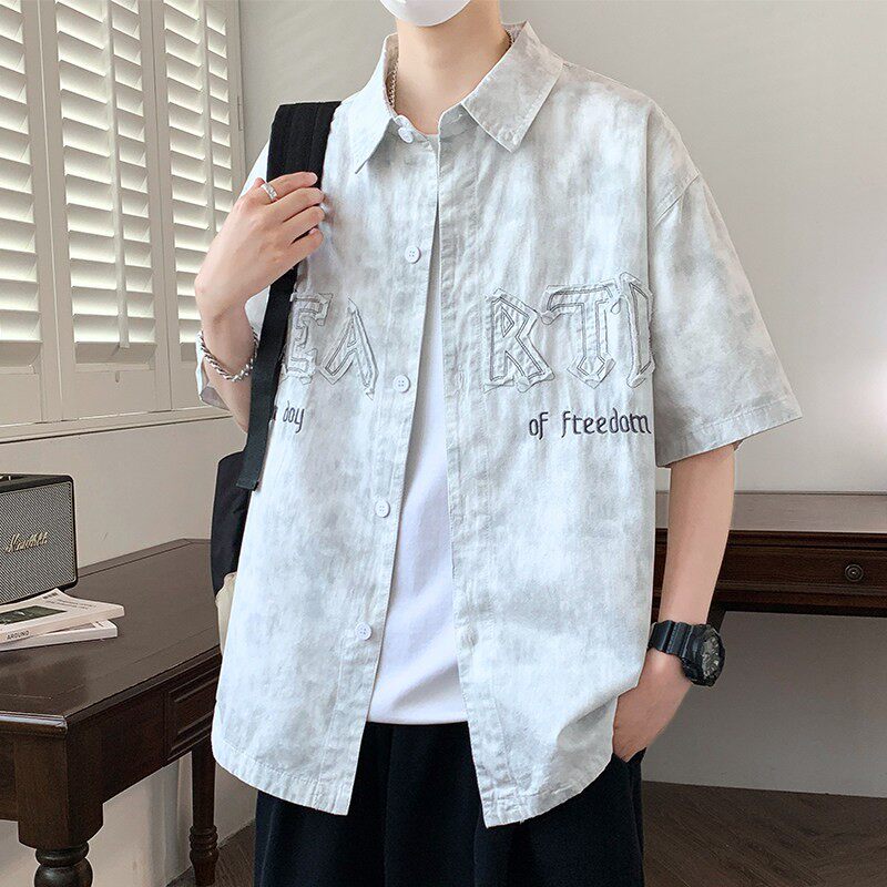 2026新款青少年学生夏季纯棉牛仔衬衣服渐变短袖衬衫男士帅气刺绣