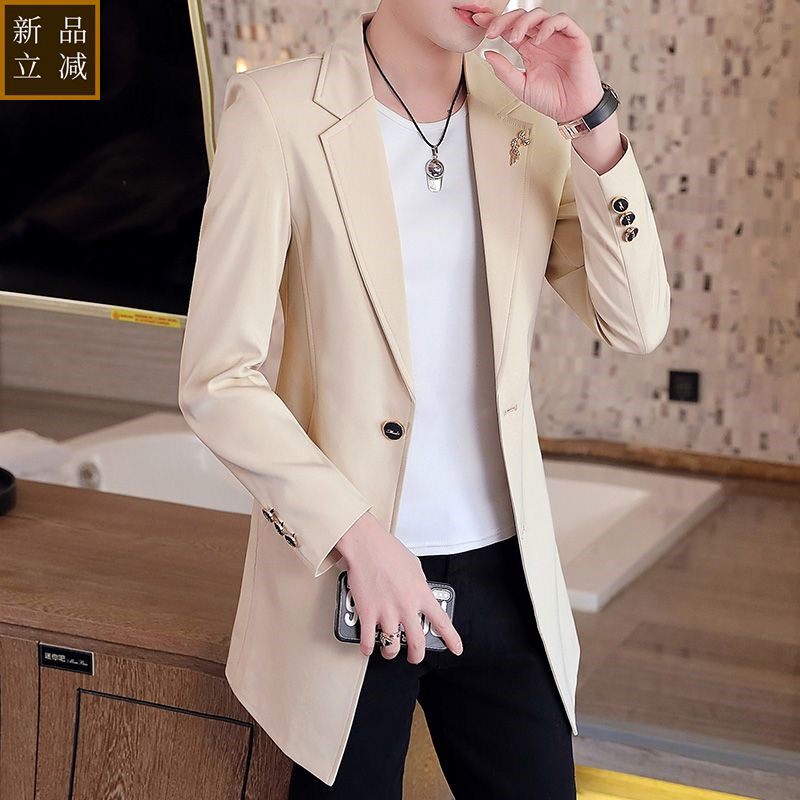 品质男士个性中长款风衣男社会青年帅气披风潮流纯色西服春秋薄款