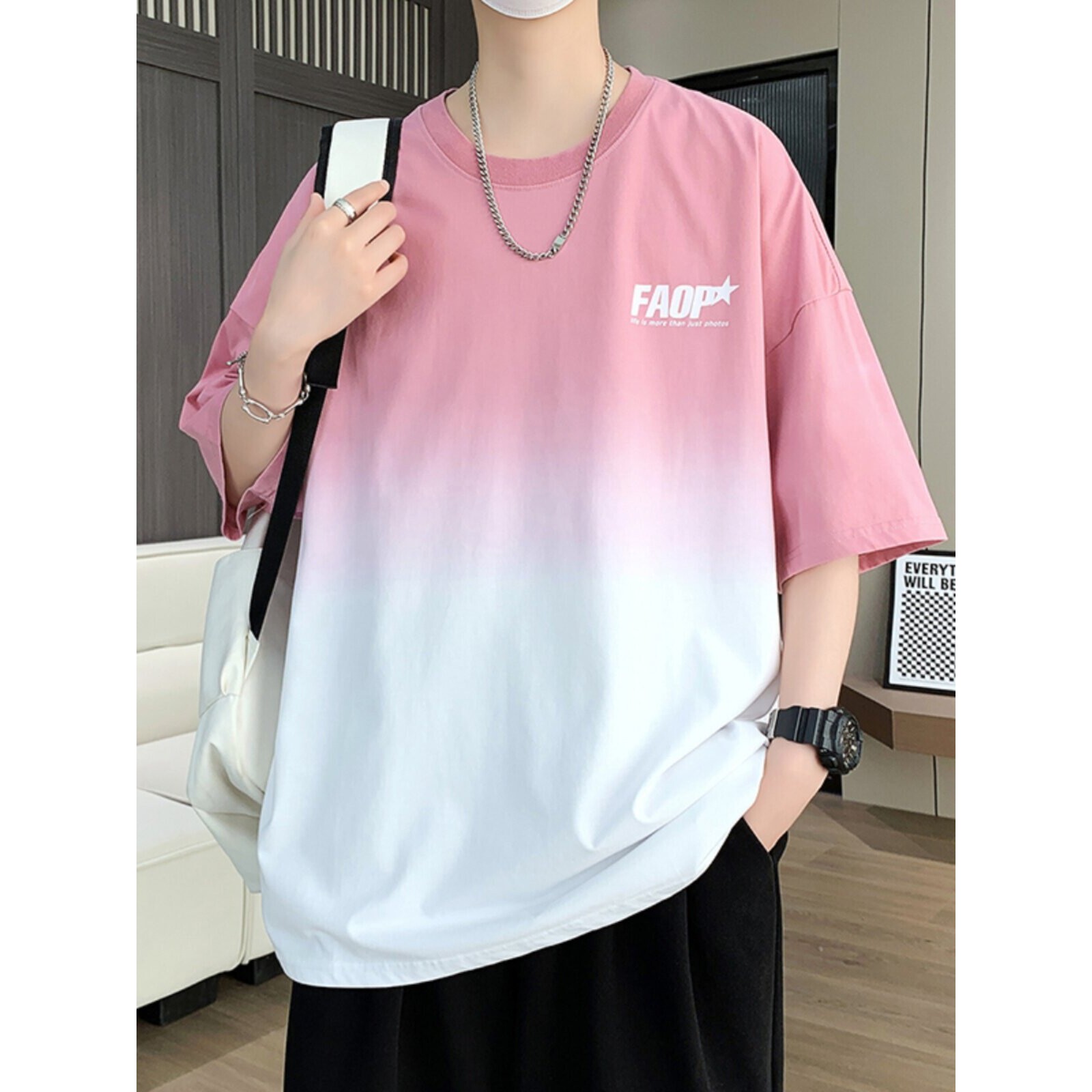 冰丝渐变色短袖t恤男款2026新款夏季宽松半袖青少年学生潮流潮牌