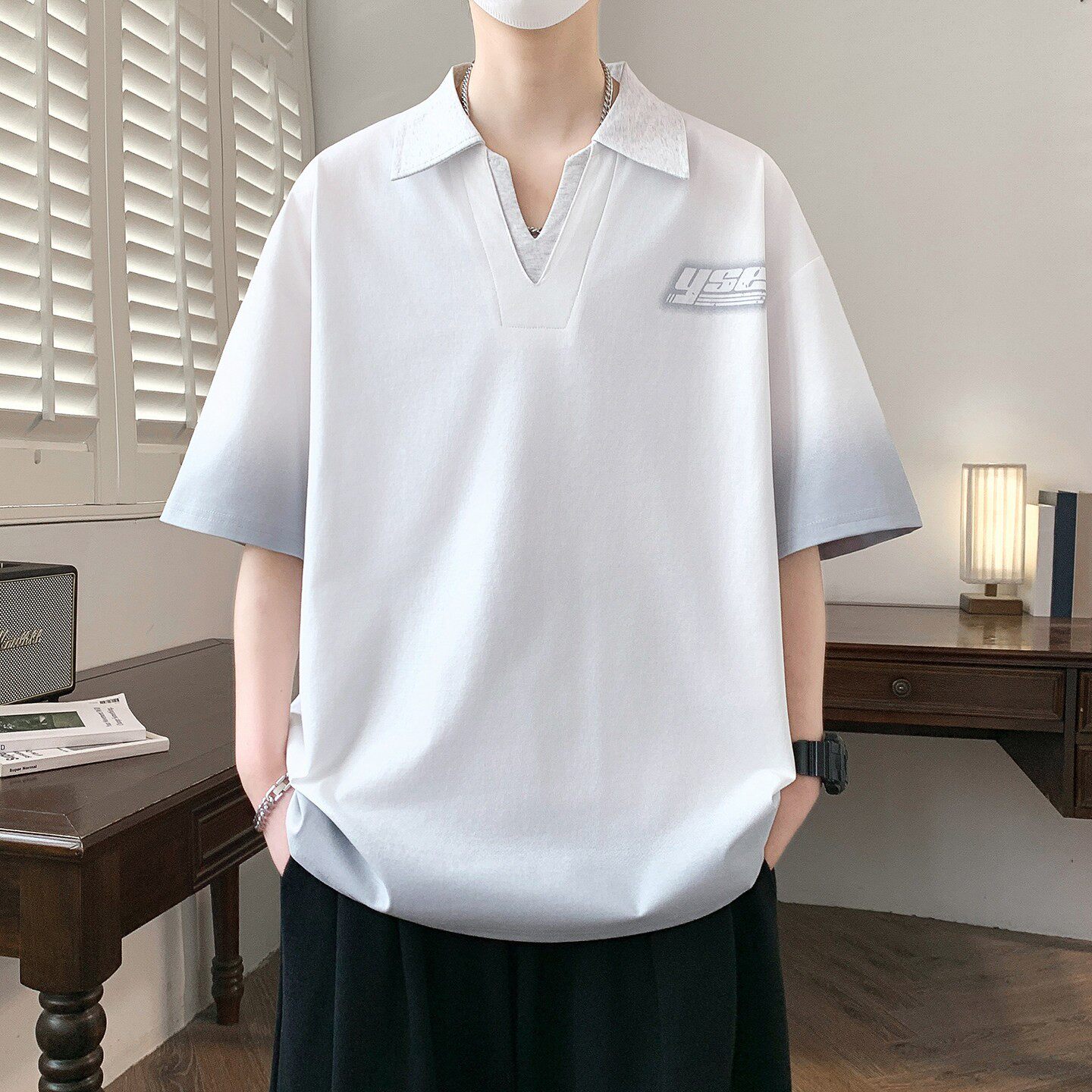 短袖t恤男翻领青少年夏季新款潮牌冰丝棉高中学生半袖体恤薄上衣V
