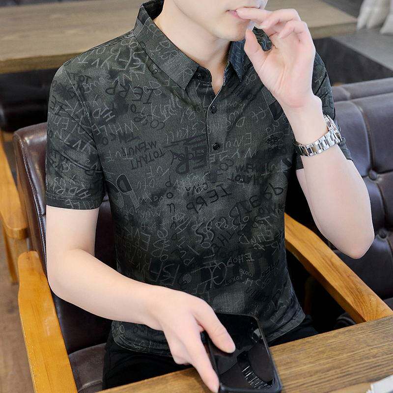 短袖t恤男夏季高端印花有带领polo衫凉感半袖上衣冰丝滑料衬衫领