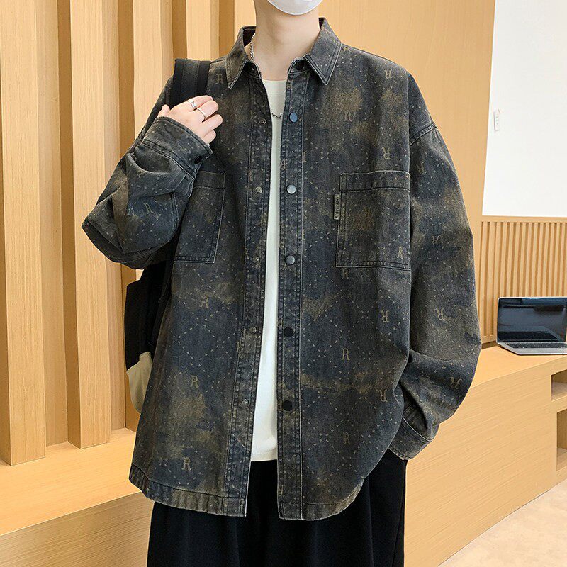 水洗牛仔外套男秋季2026新款纯棉长袖衬衫男士春秋款宽松翻领夹克