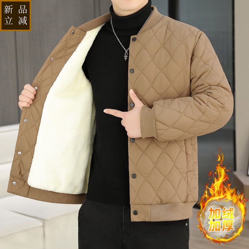 品质冬季新款棒球领棉衣男士加绒加厚棉服外套青年格子立领保暖棉