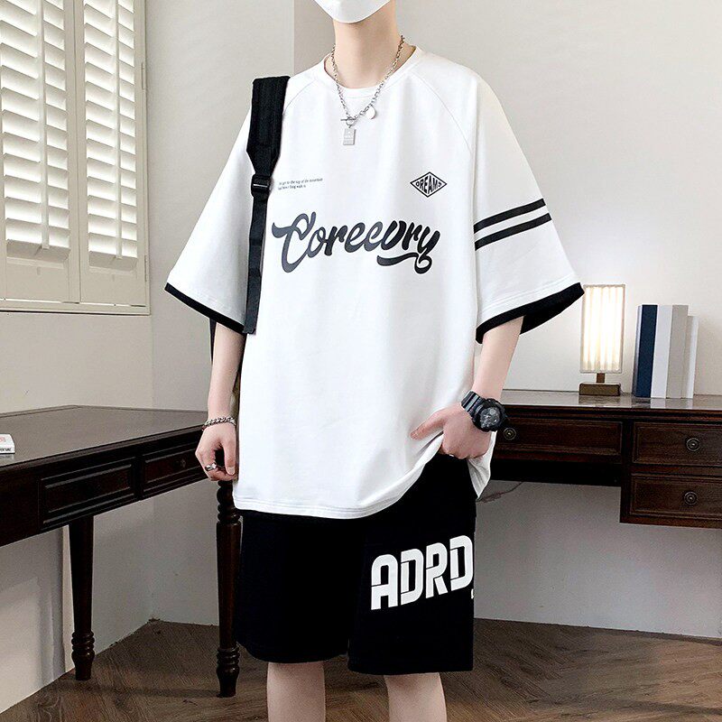 夏季纯棉青少年短袖t恤男2026新款高中初中学生潮流帅气运动套装