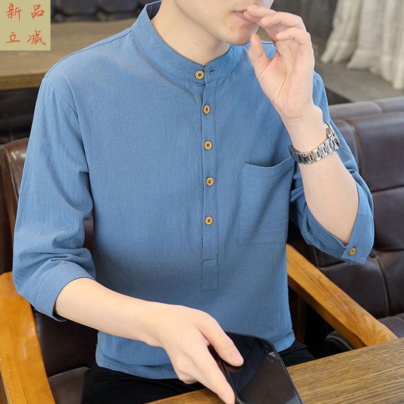 纯棉七分袖t恤男士夏季薄款潮流立领短袖男款中国风男装亚麻半袖图片