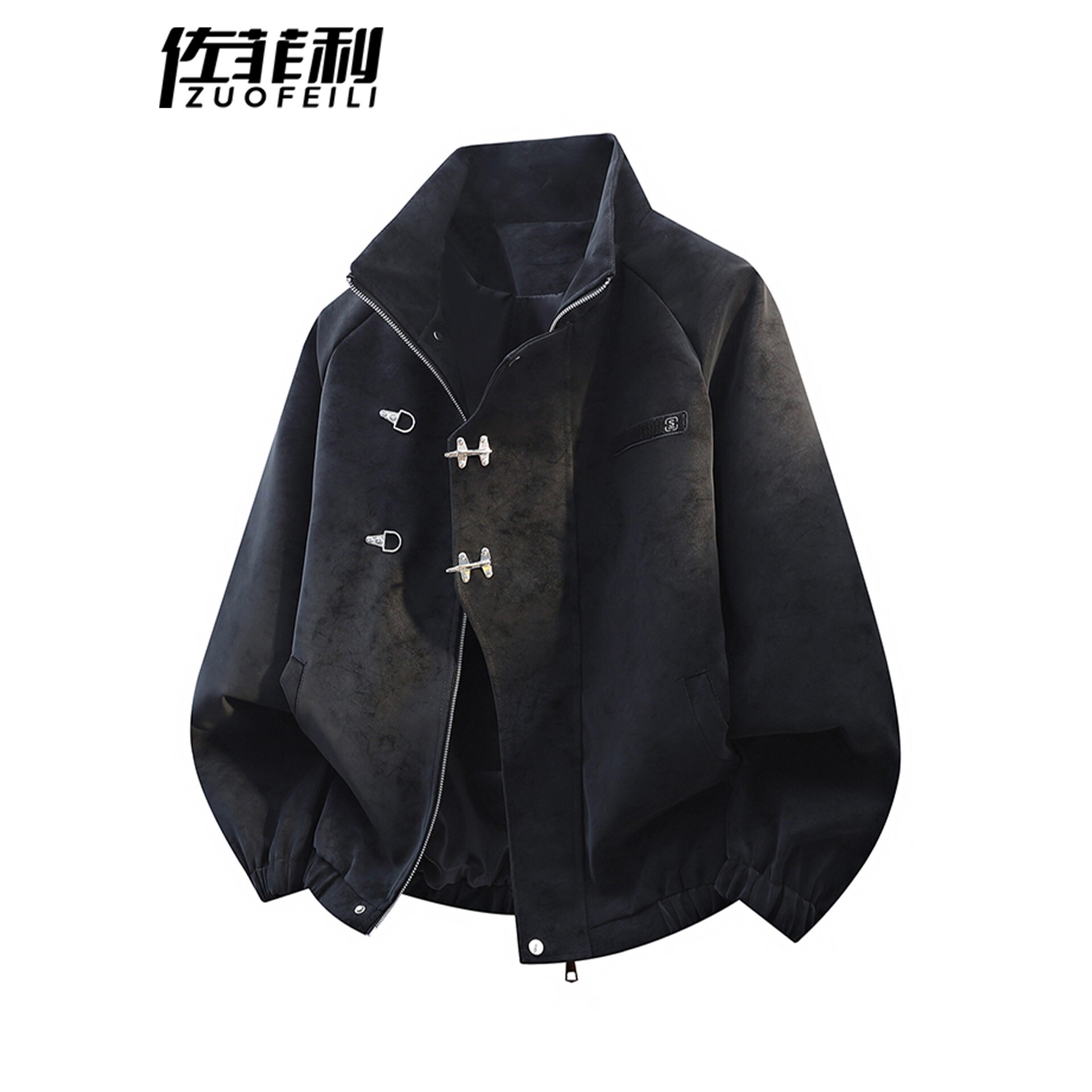 扎染皮衣外套男春秋季新中式盘扣立领防风夹克男美式宽松情侣上衣