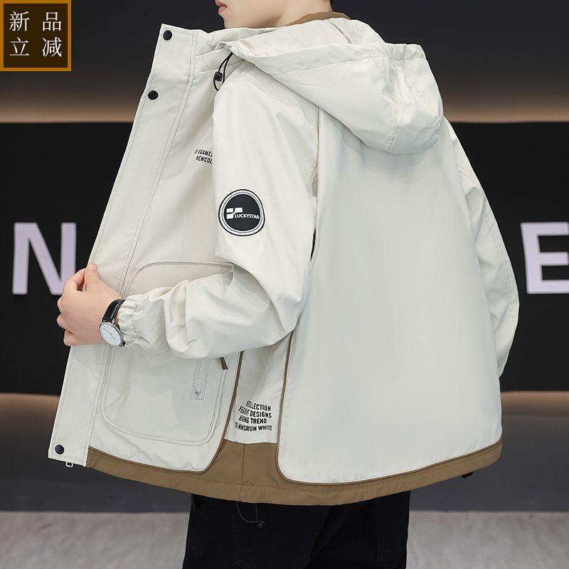 品质休闲男士连帽假两件学生工装外套春秋季2026新款痞帅青年夹克