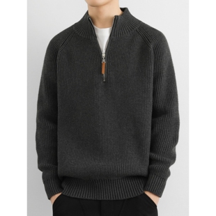 纯棉半拉链毛衣男士秋冬季宽松潮牌高级感加厚保暖高领打底针织衫