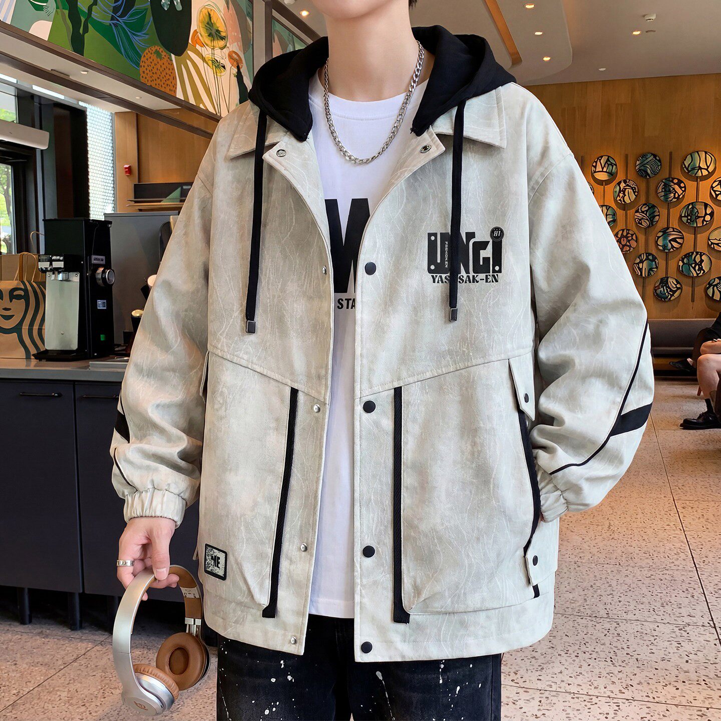 外套男春秋季新款学院风可拆卸连帽夹克男青少年休闲宽松春装褂子