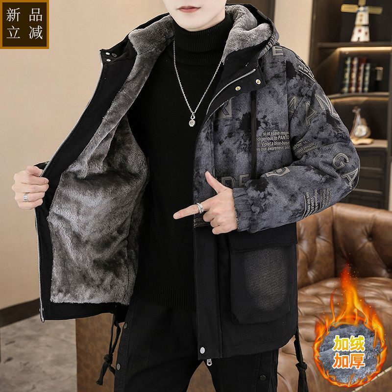 品质冬季青少年加绒棉衣夹克男生潮流时尚加厚保暖设计感棉服外套