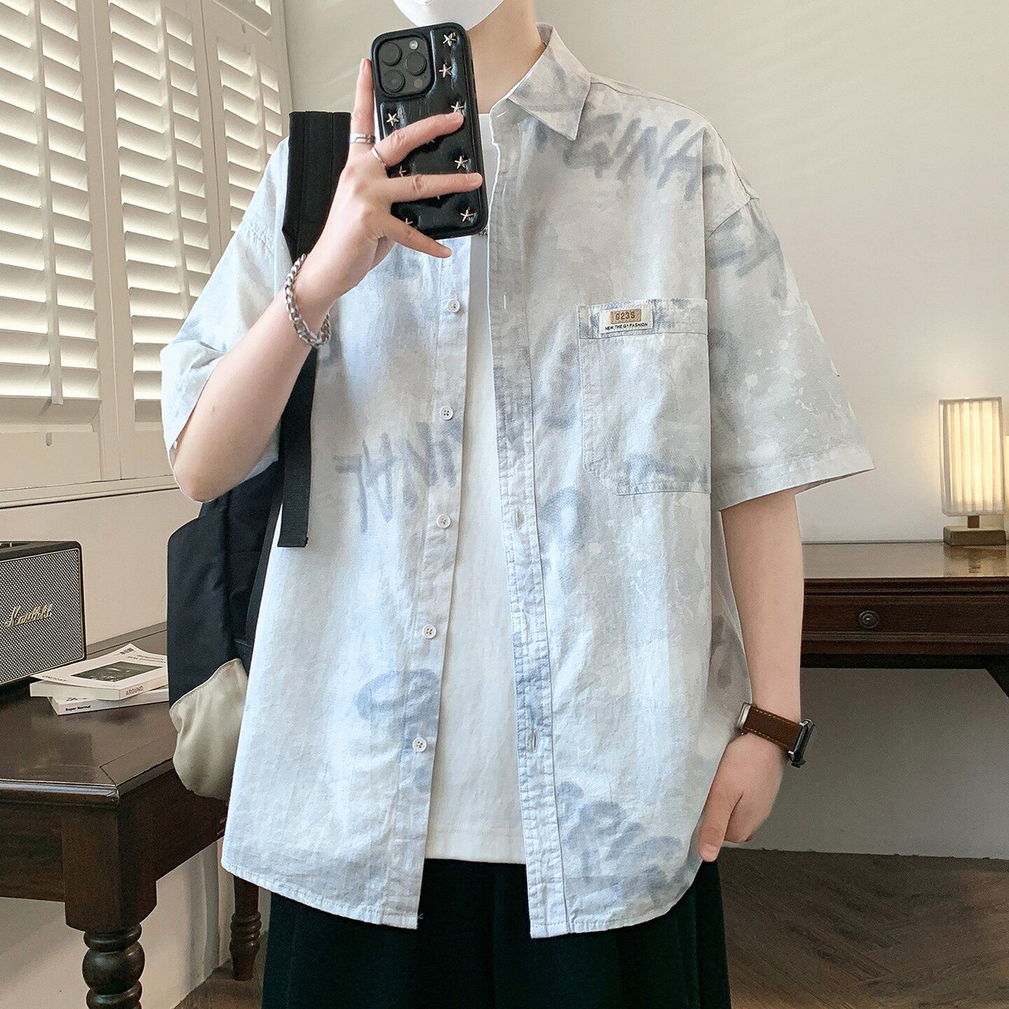 新款高级感痞帅半袖衬衣男士休闲百搭上衣扎染纯棉短袖衬衫男夏季