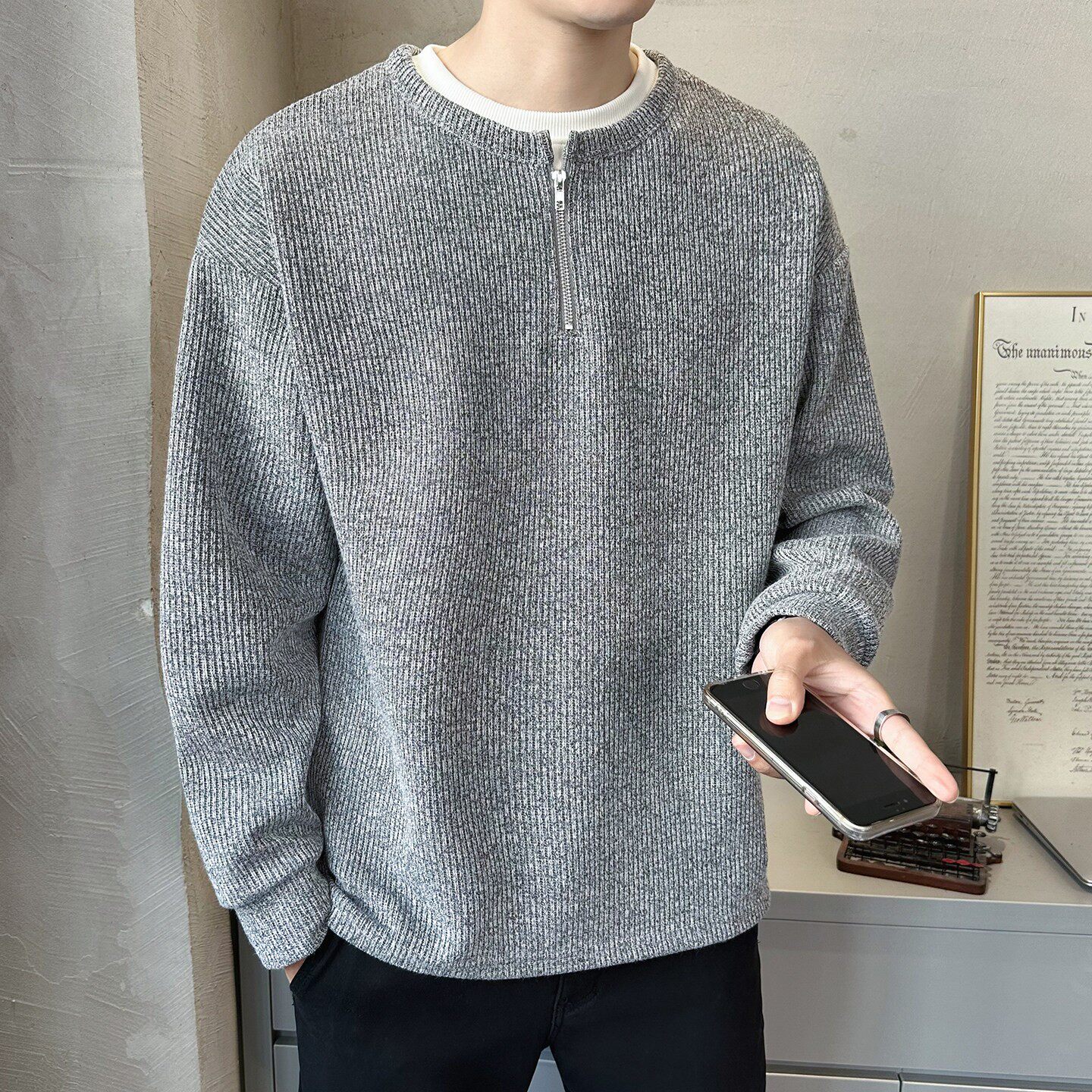 亨利领卫衣男士半拉链打底2026新款春秋爆款半开襟假两件长袖T恤