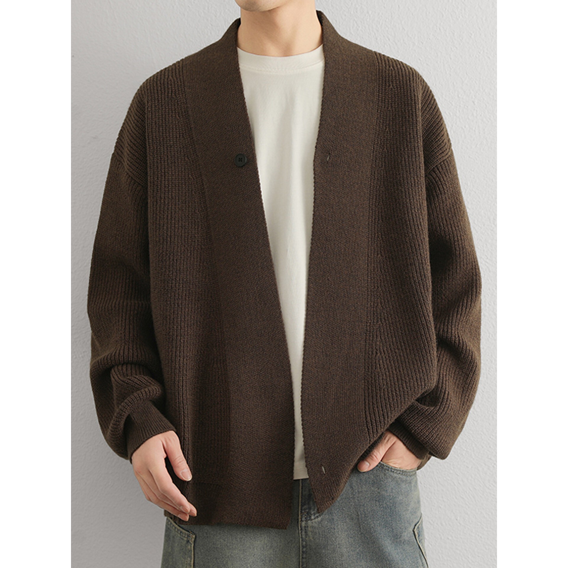 高级感开衫针织衫男士春秋季潮牌纯色简约慵懒老钱风休闲毛衣外套