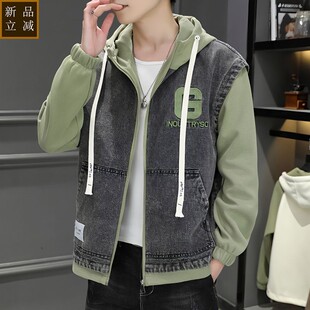 品质牛仔外套男春季连帽韩版潮流春秋款男士假两件棒球服潮牌加绒