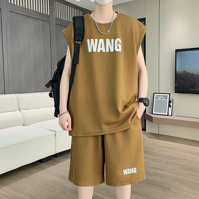 新款夏季无袖t恤男士套装宽松背心运动休闲衣服帅气穿搭一整套潮