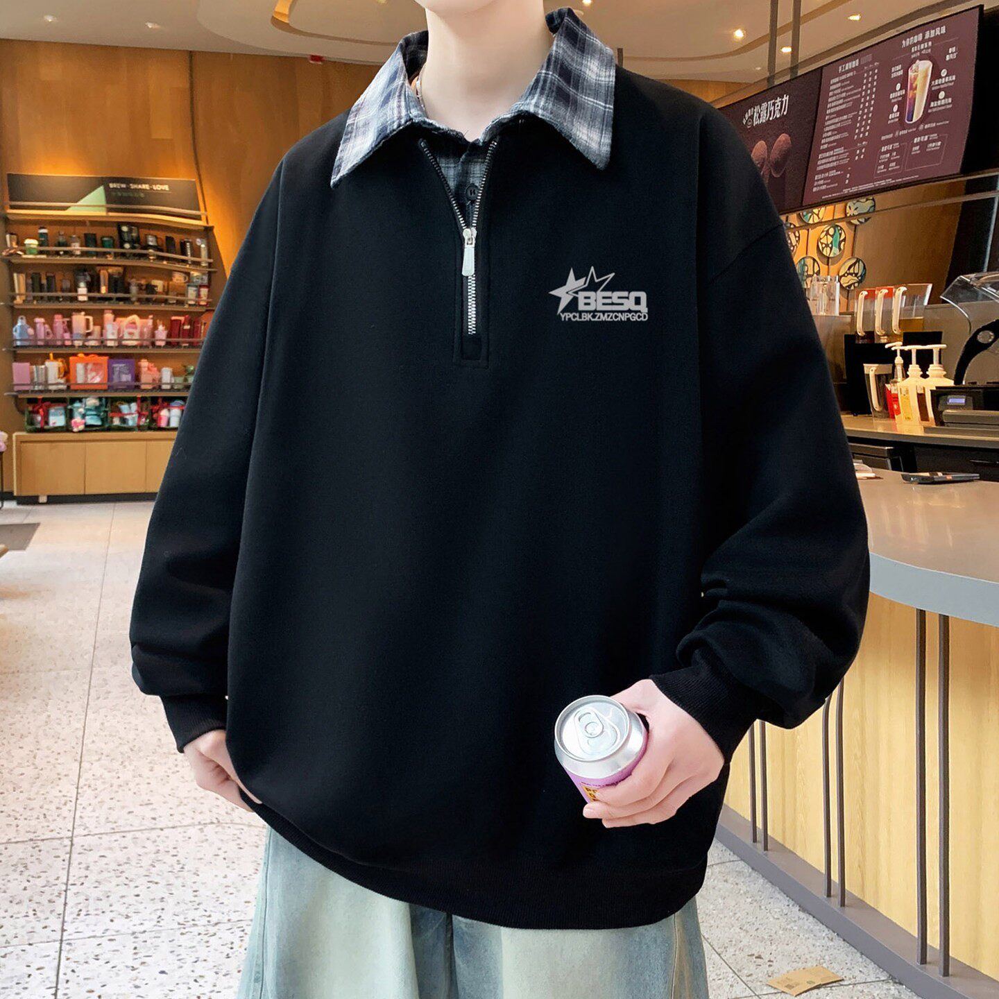 黑色假两件撞色拼接卫衣男款春秋季美式半拉链polo衫翻领长袖t恤