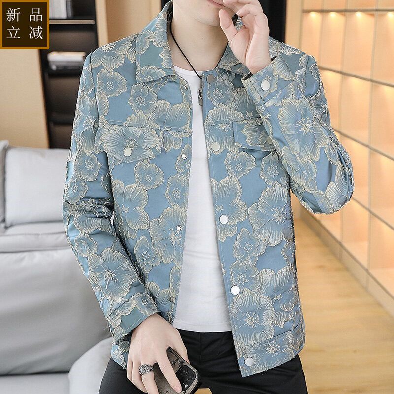 品质春季新款韩版花纹提花韩版高级感个性简约青年翻领外套夹克上