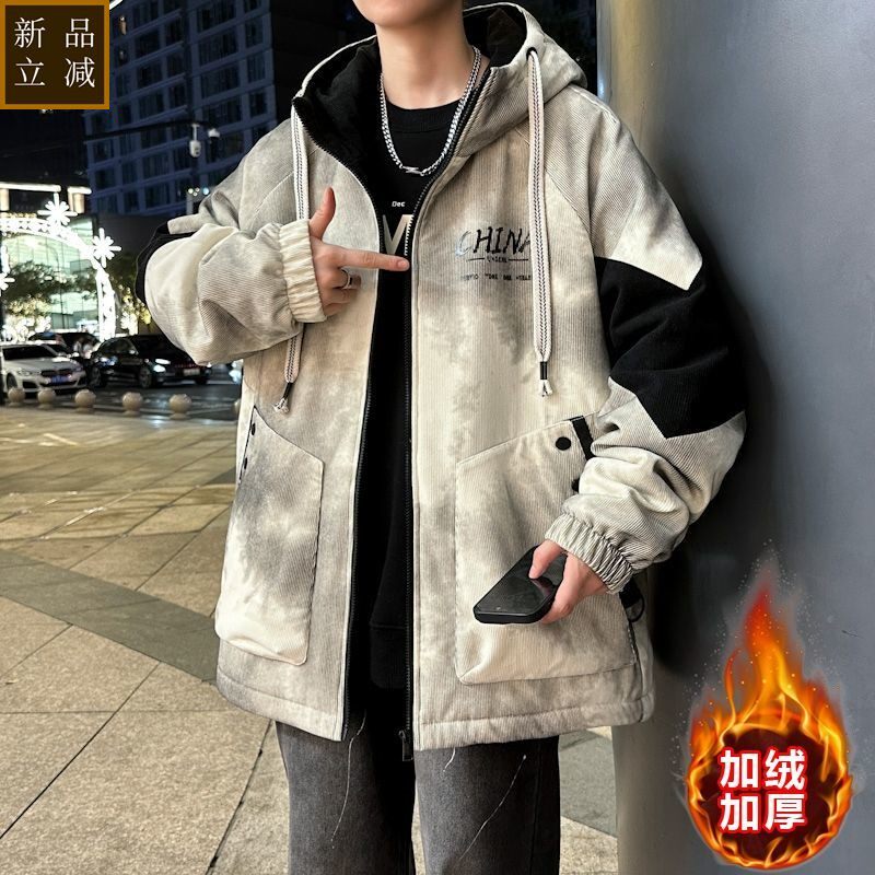 品质加绒秋冬季加厚外套新款潮男青少年加绒夹克棉服连帽男士休闲