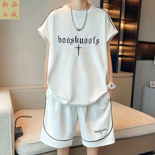 冰丝休闲运动套装男夏季落肩袖t恤男短袖青少年一套帅气搭配衣服T