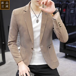 品质休闲修身小格子西服男士春秋帅气韩版潮流青年社会小伙西装外