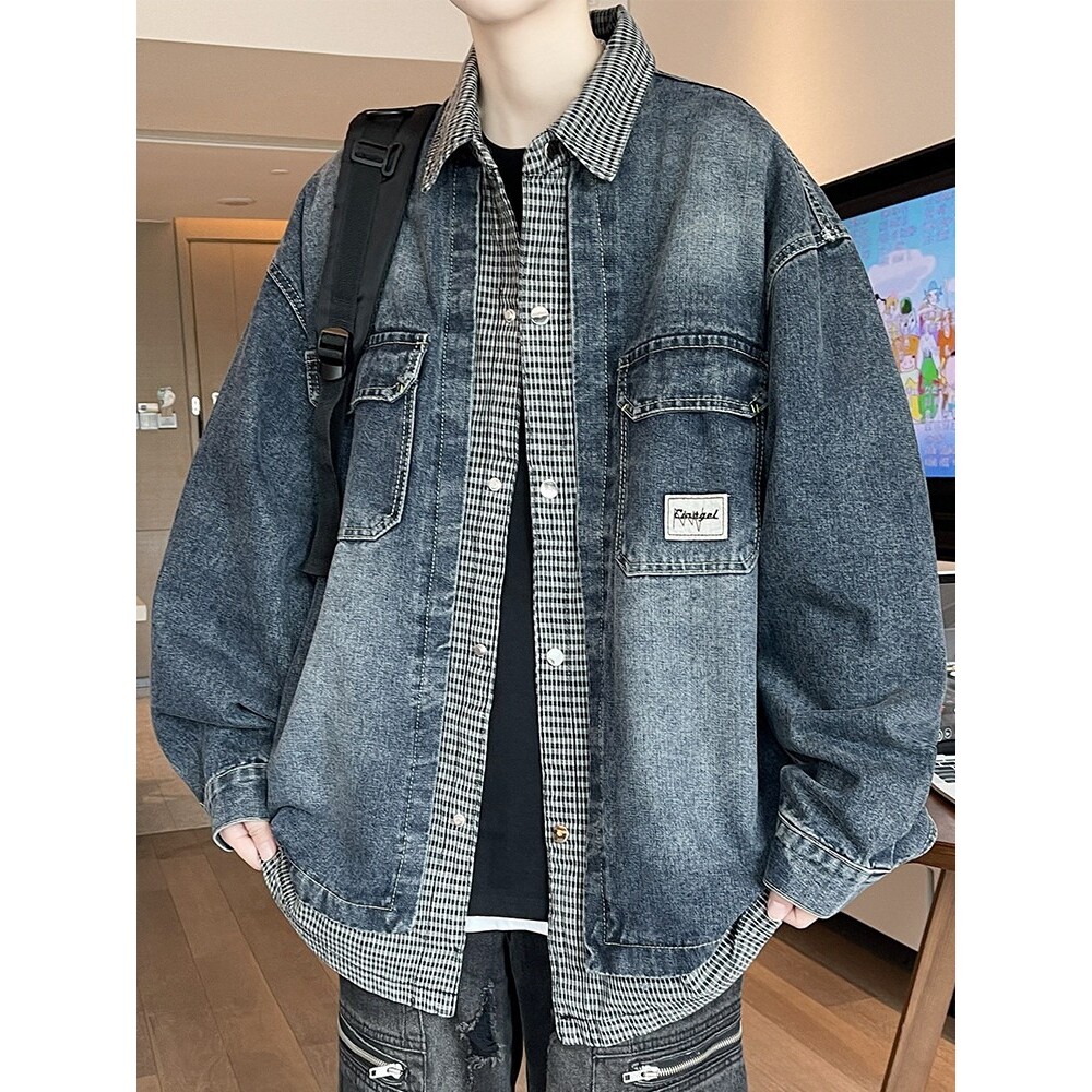 假两件牛仔外套男秋季2025年美式工装衬衫领夹克男宽松休闲上衣服