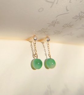 9k黄金翡翠a货辣阳绿6mm冰种无纹裂垂坠耳环流苏国风配证书18k堵