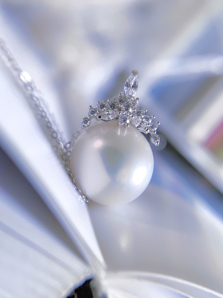 14-15mm天然海水珍珠项链澳白婴儿肌粉青光冰雪女王吊坠正面无瑕