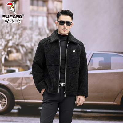 啄木鸟羊毛羊剪绒大衣男皮毛一体羊羔毛皮草外套翻领加绒加厚冬装