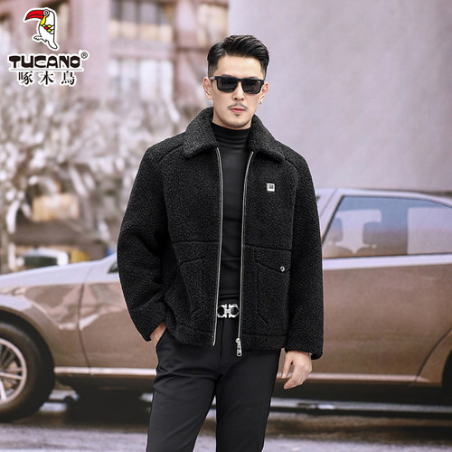 啄木鸟羊毛羊剪绒大衣男皮毛一体羊羔毛皮草外套翻领加绒加厚冬装